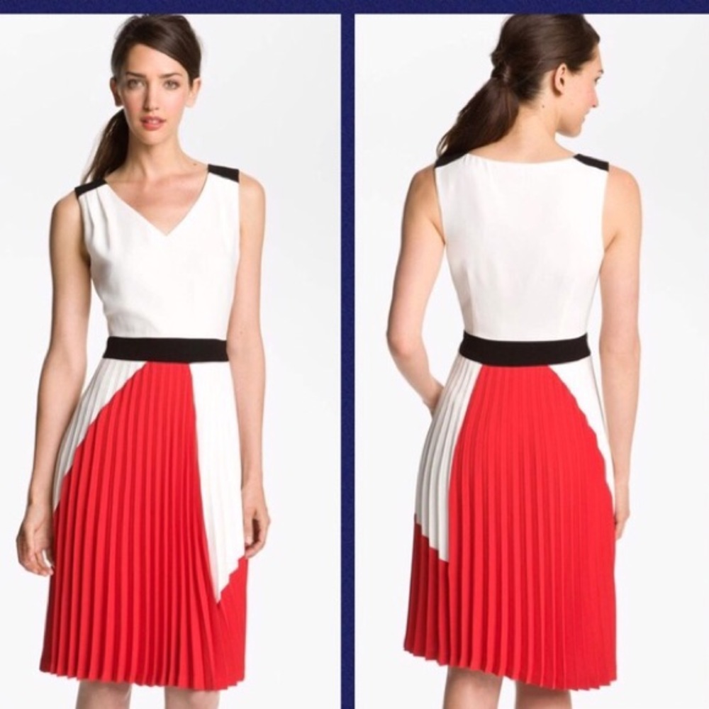 Trina Turk ivory red colorblock pleated dress NWOT